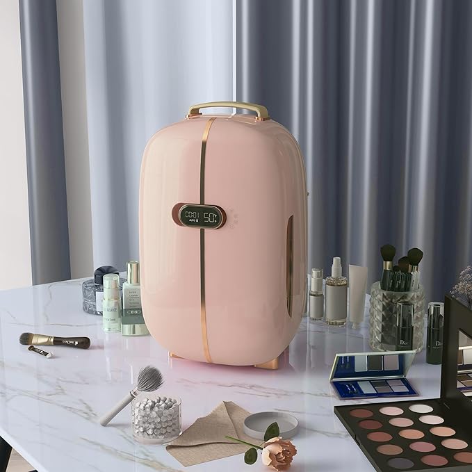 HOMCOM Portable Skincare Fridge with LED Display, 12L Mini Fridge for Beauty, Makeup and Cosmetics, Small Refrigerator Cooler for Bedroom, Home Office, Desktop, Pink