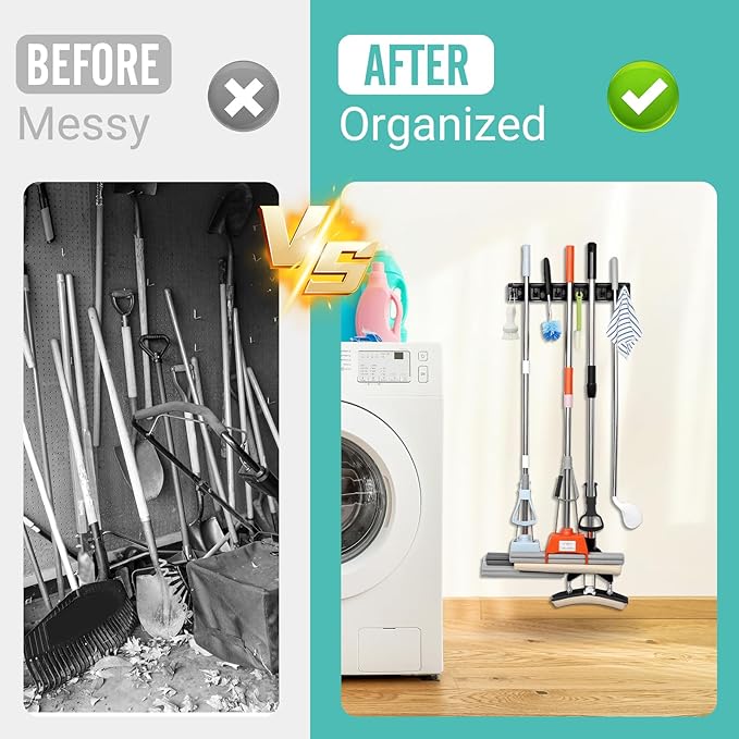 Broom and Mop Holder, Wall Mounted Organizer Mop and Broom Storage Tool Rack with 5 Ball Slots and 6 Hooks (1Pack)