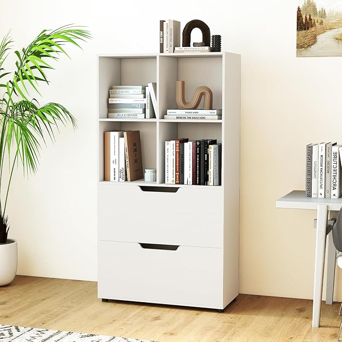 Giantex Bookcase with 2 Drawers, 51” Tall White Bookshelf w/4 Cubes, Anti-tip Kits, Freestanding Display Rack, Cubby Storage Organizer for Study, Living Room, Home Office