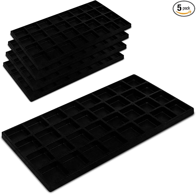 Novel Box 5 Pack 32-Slot Black Liner Jewelry Storage Tray Inserts 14.75x8.25x1 Inches - Jewelry Organizer Pad for Drawers & Store Displays - Jewelry Display Pads for Rings Earrings & Pendants