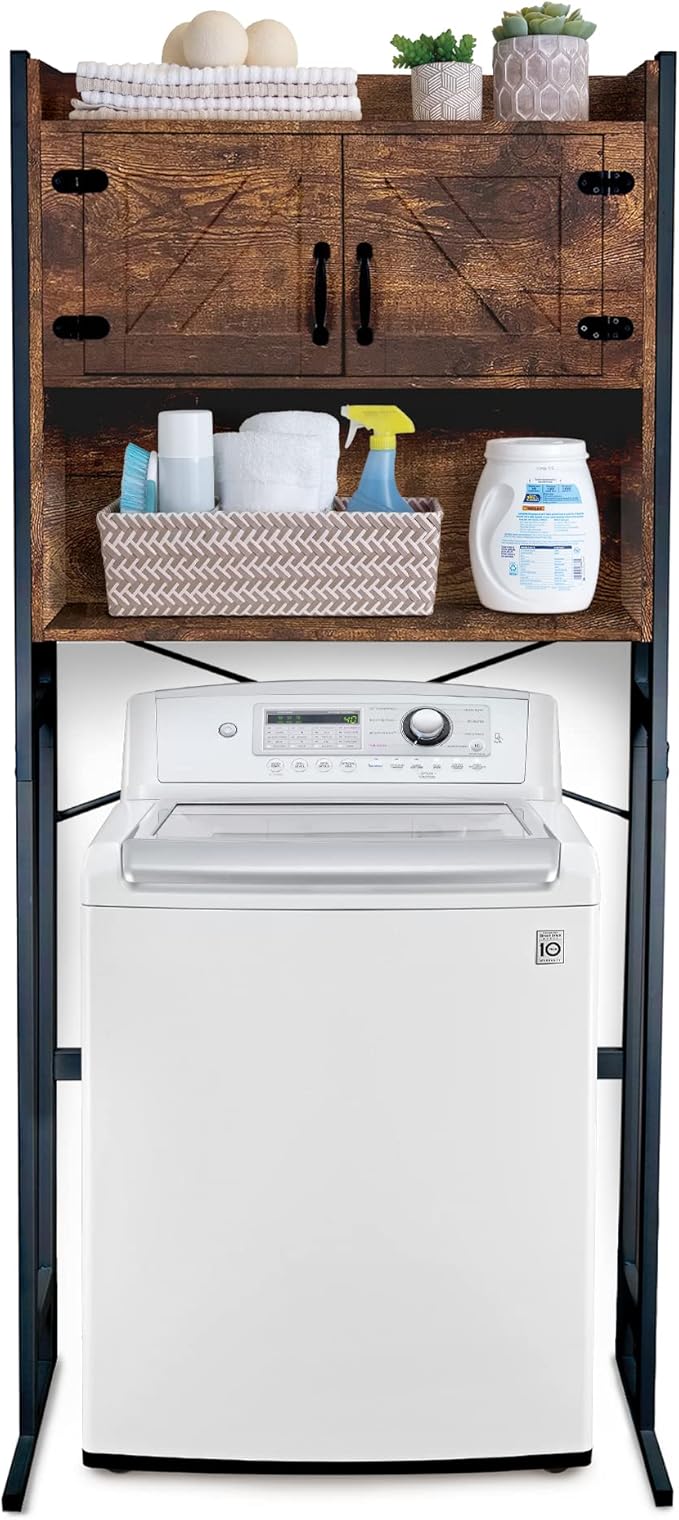 Over The Washer or Over The Toilet Storage Cabinet w/Height Adjustable Shelf Laundry Room/Bathroom Organizer Rack, 2-Door Freestanding Rack Space Saver, Wood