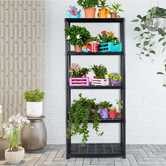 IRONMAX 5-Tier Plastic Shelving Unit, Multi-Purpose Shelf Rack, No Tools Required, Free Standing Storage Shelves for Garage Basement Kitchen, Black (1, 33.5“L X 16”W X 73“H)