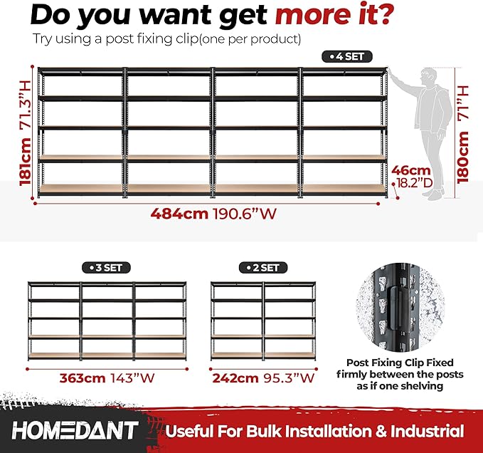 HOMEDANT 5 Tier Storage Shelves Adjustable Laminated Boltless Garage Metal Shelving Unit Heavy Duty Utility Rack Shelf Warehouse Pantry Closet Kitchen (4, (L) 48.1" W, Black)
