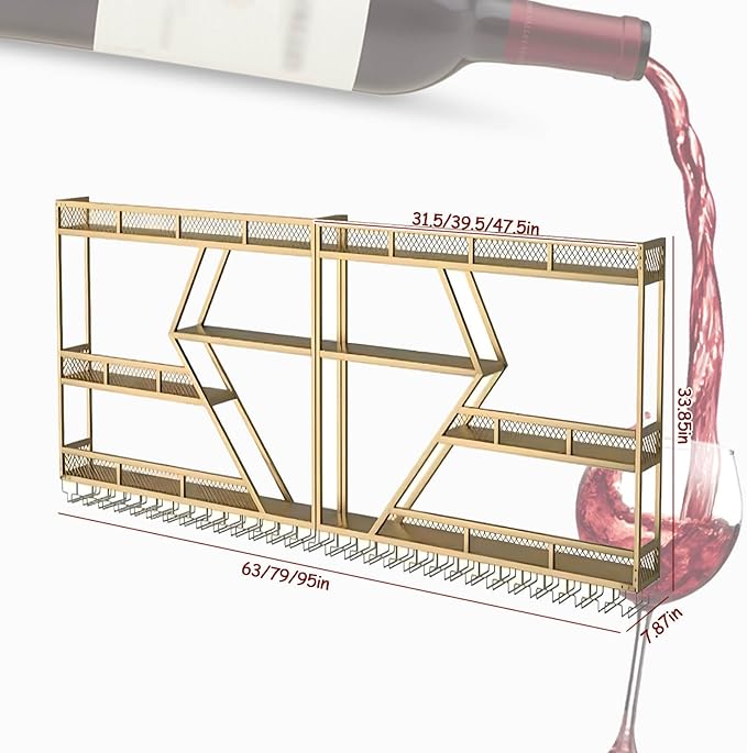79in Large Wall Mounted Wine Rack 3 Tier Metal Wine Bottle Holder Modern Diamond Design Floating Bar Liquor Bottles Storage Rack for Home Restaurant Bar Decorative (Gold, 3 Tier - 79in)