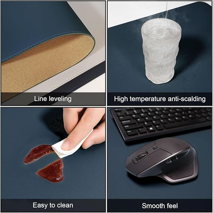 DAWNTREES Dual Sided Desk Mat,Blue Leather Desk Pad,47.2''x23.6'',Cork Desk Mat Protector,120x60cm Extra Large Mouse Pad,with PU Leather Valet Tray Organizer,Desk Writing Pad for Office and Home