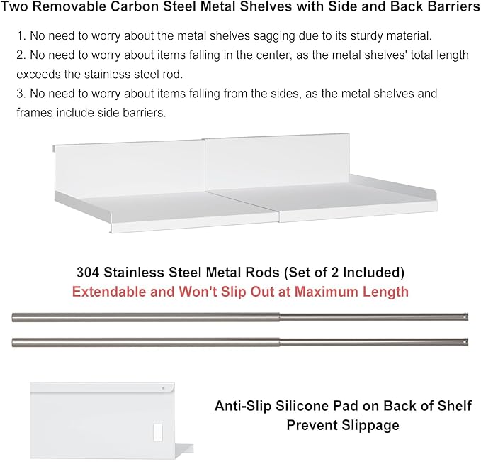 Expandable Under Cabinet Shelf Organizer with 1.25 Inches Thick Clips, Heavy Duty Extendable Under Shelf Storage Basket for Pantry or Laundry Room, White, 1 Pack, Interior: 5.7" H x 8.54" D
