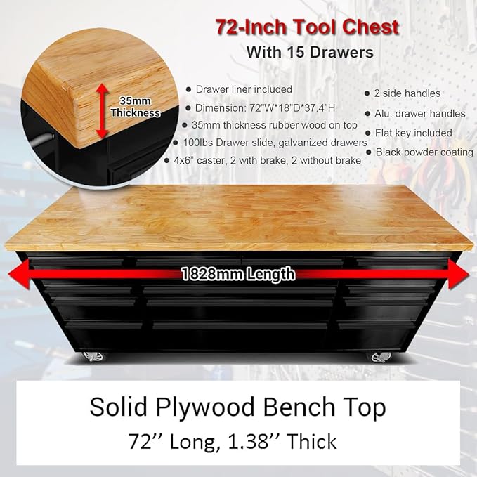 72" Rolling Tool Chest with 15 Drawers, Lockable Storage Cabinet, Black Mobile Workbench, Assembled Black Large Tool Box with Wheels for Garage Workshop (1 × HTC7215PC-1)