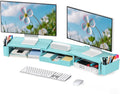 OPNICE Desk Organizers and Accessories, Dual Monitor Stand Riser with Drawer and 2 Pen Holders, Desk Shelf Metal Computer Monitor Stand for Office Workspace Organizers, Desktop Organization (Blue)
