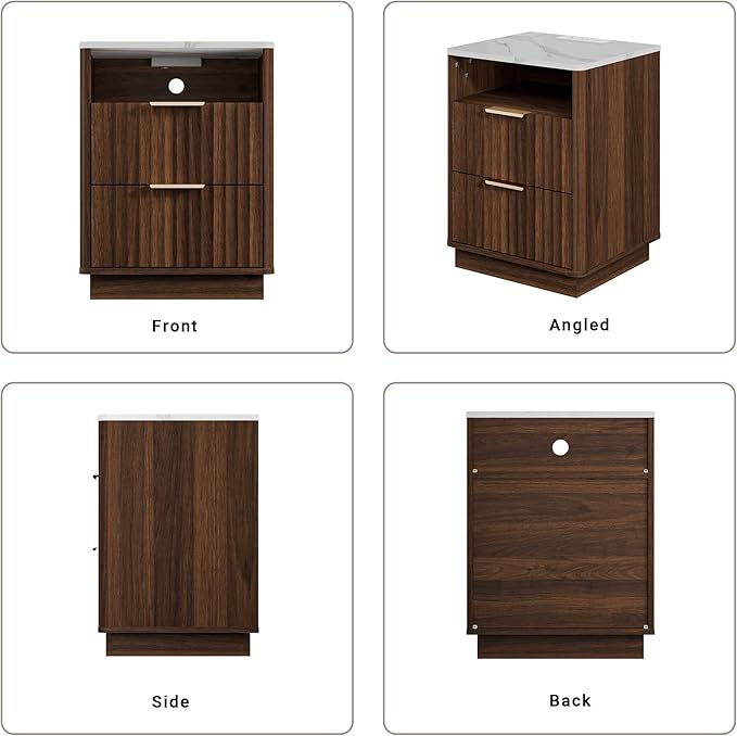 Fluted Night Stand Set of 2 with Charging Station, 18" Modern Nightstand with Faux Marble Top, 2 Drawers End Table with Storage, Bedside Table for Bedroom Living Room,Curved Profile(Walnut)