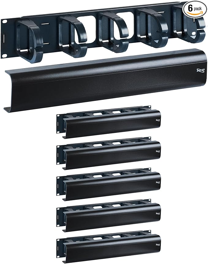 ICC 2U Ring Cable Manager Panel with Cover, Plastic with Metal Back Frame, 4" D-Rings, Horizontal Cable Management, Rackmount for 19” Network Racks, Black, 6-Pack