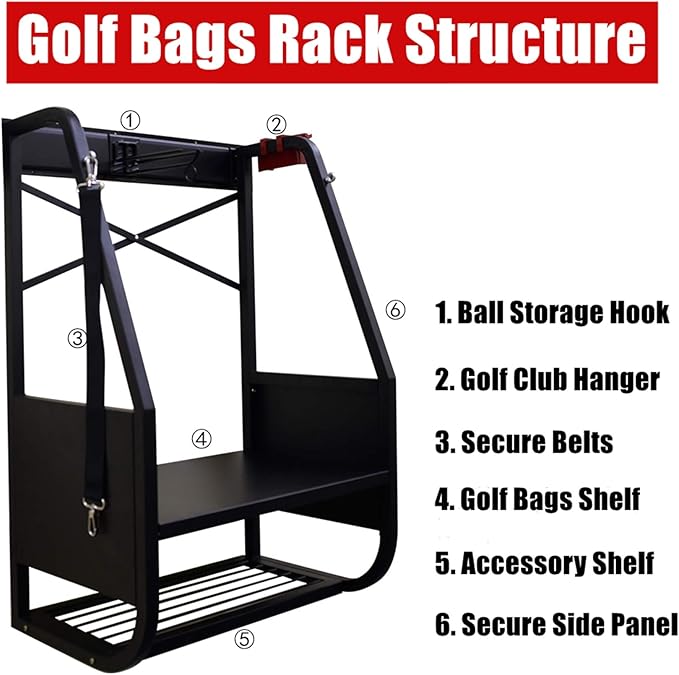 WALMANN Wall Mount Golf Bag Organizer Extra Large 2 Golf Bags Stand Golfing Equipment and Accessories Storage Rack for Garage Shed Basement