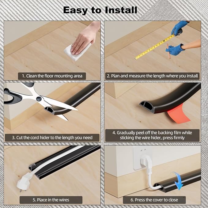 10FT Side-Open Extension Cord Covers for Wires on Floor,Silicone Power Cable Protector Cord Hider Management Strip,Hide Electric Wire on Carpet,Chord Runner Protective Safety Wiremold,Black