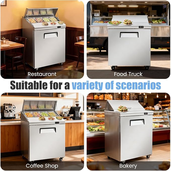 29" W Commercial Refrigerator Sandwich Salad Prep Table, Stainless Steel 1-Door Sandwich Prep Table Refrigerator, Counter Fan Cooling Refrigerator with 12 Pans for Restaurant, Bar