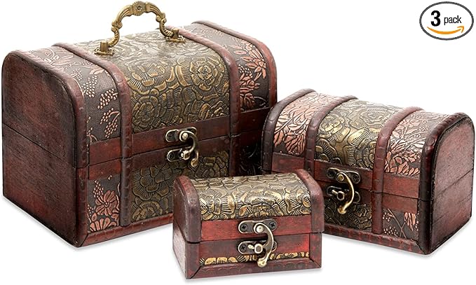 Juvale Wooden Treasure Chest Set - 3 Nesting Boxes, Brown Floral - Decorative Storage & Jewelry Box with Hinged Lid, Vintage Antique Decor