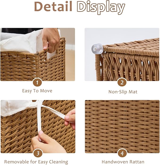 Slim Wicker Laundry Hamper with Lid, 55L Handwoven Rattan Basket with Handles, Narrow Laundry Basket with Removable Liner Bag & 2 Mesh Bags