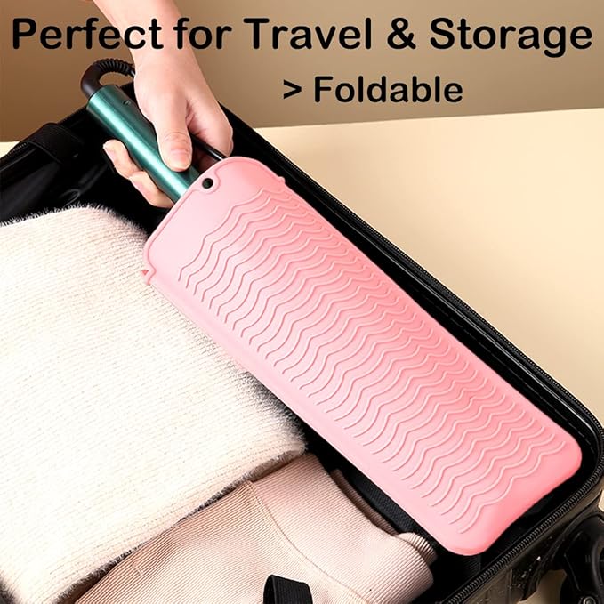 Heat Resistant Silicone Mat with Hanging Hole, Straightener Heat Resistant Travel Mat & Pouch for Curling Iron, Flat Iron and Other Hot Hair Styling Tools, 11 x 5 in, Pink