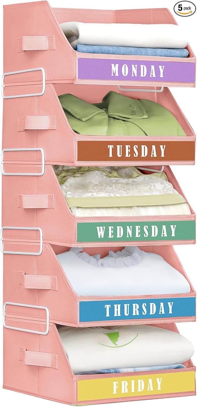 Closet Organizers and Storage - 5 Tier Shelf Organizer with Weekly Labels, Stackable Storage Bins with Metal Frame, Foldable Cube Bins, Home Baskets for Kids and Adults, Pink