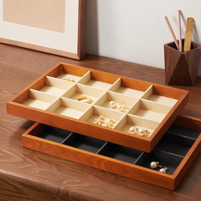 Oirlv 12 Grids Wood Jewelry Organizer Tray Stackable Jewelry Drawer Tray Bracelet/Watch Showcase Display Storage(Grey)