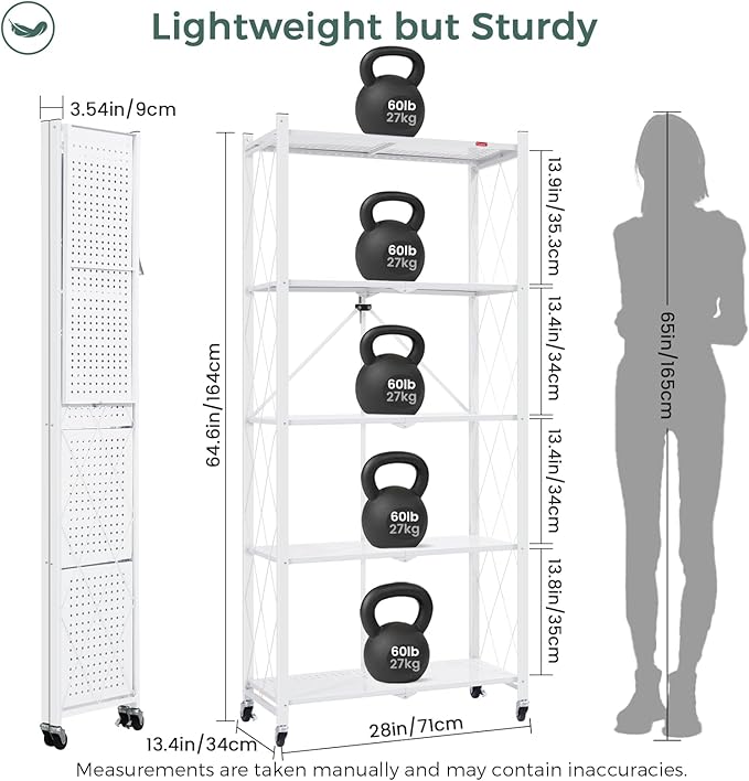 DEANIC 5 Tier Foldable Storage Shelves with Wheels, Large Capacity Shelving Unit, Freestanding Metal Wire Shelf Rack, No Assembly Organizer Rack for Garage Kitchen, Basement, Pantry(White Pack of 3)