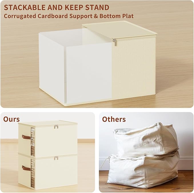Large Clothes Storage Bins with Sturdy Frame, Foldable Clothing Organizer Box, Sweater Storage Cube with Lids and Zipper, Fabric Bedding Storage Bags for Blankets, Seasonal Clothes, Comforter