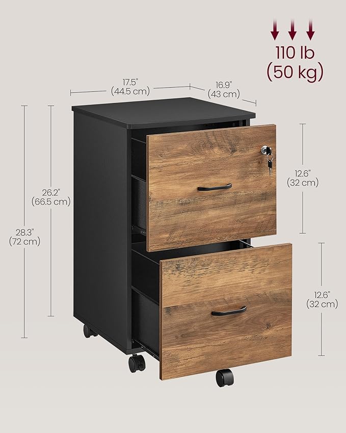 VASAGLE 2-Drawer File Cabinet, Locking Filing Cabinet for Home Office, Small Rolling Printer Stand, A4, Letter-Size Hanging Files, Assembly Required, Honey Brown and Ink Black ULCD027B01