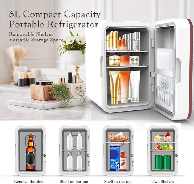 Skincare Fridge, 6L/10 Can Mini Fridge for Bedroom with Dimmable LED Mirror, Portable Cooler & Warmer Small Compact Refrigerator for Skincare, Cosmetics, Bedroom and Office, White