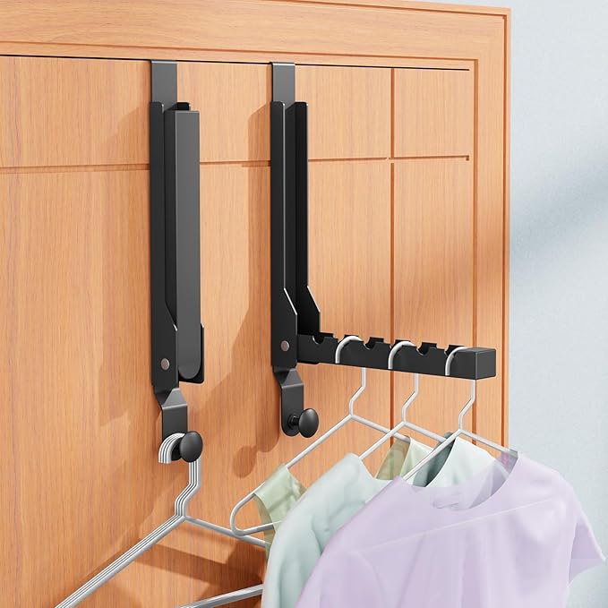 BAKON Over The Door Hanger Folding Clothes Drying Rack, Folding Hanging Coat Rack for Indoor Laundry Room Compact Small Space Foldable Portable Clothing Hanger Hook Collapsible (Black-2(Upgraded))