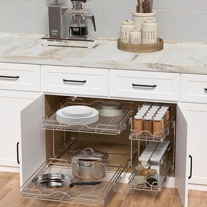OCG 2 Tier Pull Out Cabinet Organizer (18.5" W x 18" D), Pull Out Drawers for Kitchen Cabinets, Pull Out Shelves for Base Cabinet Organization in Kitchen Bathroom Pantry, Chrome Finish