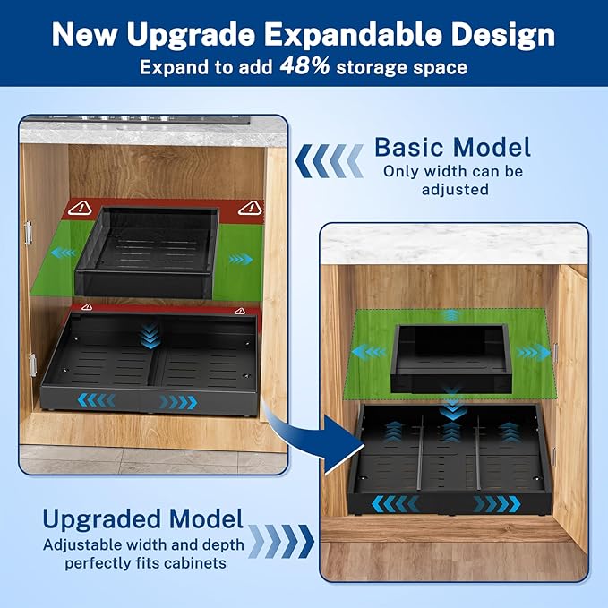 Pull Out Cabinet Organizer Expandable (12.4"-20.08")W & (16.26"-22.44")D, Insputer Slide Out Drawers for Kitchen, Pantry with 2Pcs Magnetic Panel, 3 Slide Rail, No Drill Adhesive Roll Out Shelf Black