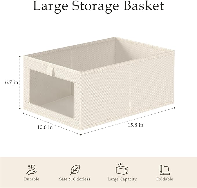 Criusia Closet Organizers and Storage, 4 Pack Linen Closet Baskets with Mesh Window for Organization, Foldable Closet Organizer for Clothing, Towels, Toys, Nursery, Books, Shelves, Beige