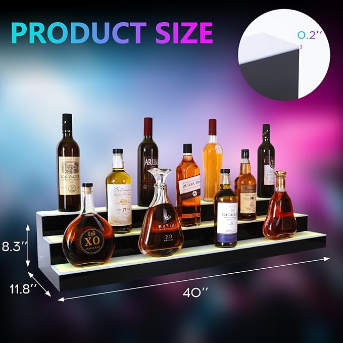 Led Lighted Liquor Bottle Display Shelf, 40 Inch 3 Tier Whiskey Rack, Support USB, Bar Stand with RF Remote & App Control, Illuminated Acrylic Lighting Shelves for Home Bar, Party