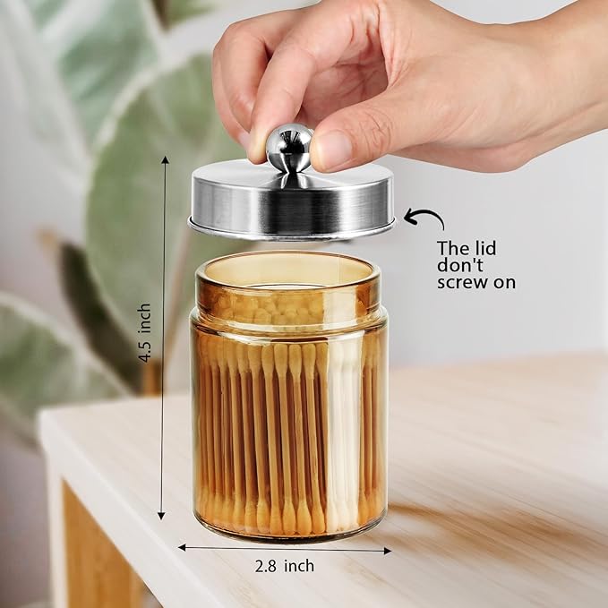 Amolliar Bronze Glass Apothecary Jar With Metal Lid & Stickers, Bathroom Qtip Dispenser Storage Canister, Perfect for Cotton Balls, Cotton Swabs, Makeup Pads, Bath Salt, Floss, 2 Pack (Brushed Nickel)