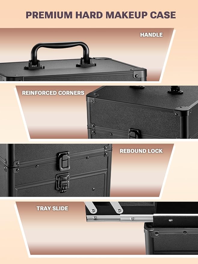 Qislee Makeup Box with Drawer and Four Trays, A Detachable Lighted Mirror, Waterproof Travel Train Case, Cosmetic Organizer and Makeup Suitcase with Magnetic LED Mirror(Black)