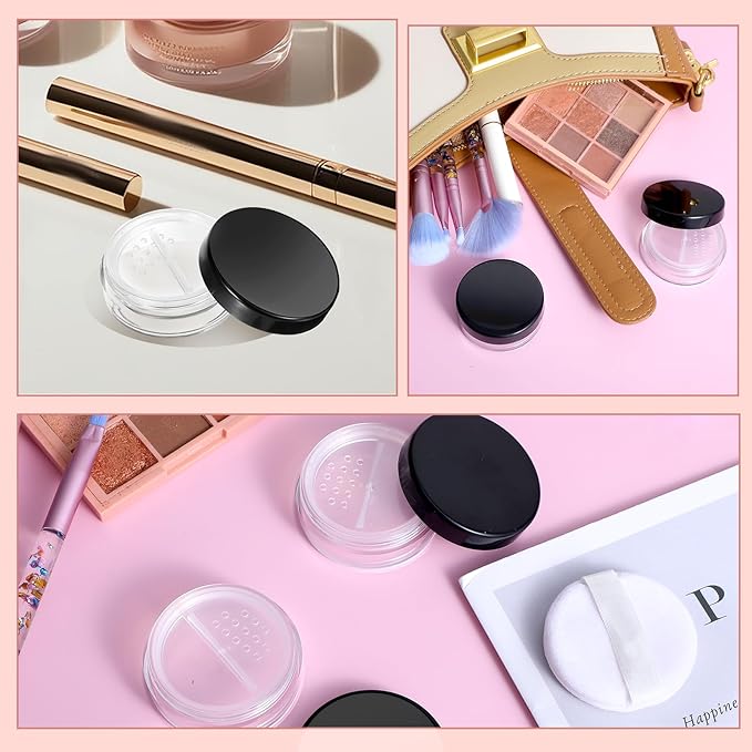 4pcs 10ml/0.34oz Plastic Empty Travel Small Loose Powder Compact Refillable Loose Powder Containers Reusable No Leak Compact with Rotatable Sifter And Black Screw Lid