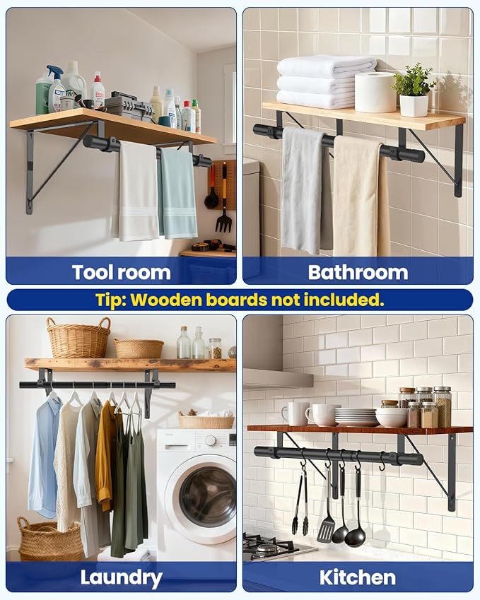 Closet Rods for Hanging Clothes with Triangular Brackets, 17 to 39 Inches Stepless Adjustable Closet Rod, 1.3 Inch Heavy Duty Closet Rod for Closet Wardrobe Laundry RV (Without Board/Black)