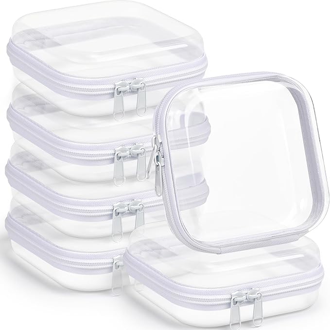 Sanwuta 6 Pcs Clear Hard Zipper Case Hard Plastic Zipper Pouches Transparent Makeup Bag Pencil Pouches for Travel Snacks Christmas Trinket Storage Organizer Box(White,5 x 5 x 2 Inch)
