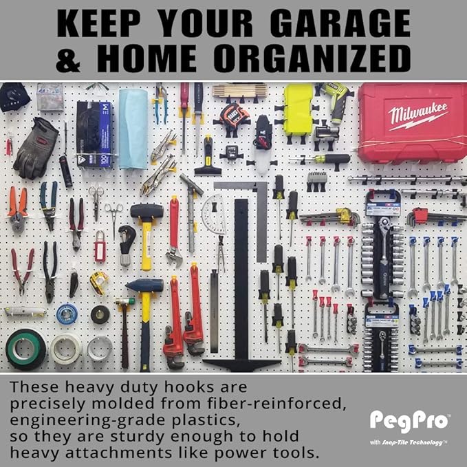 PegPro® J & 2" Hooks Kit for Standard “Wood Fiber” pegboard – Durable Plastic Pegboard Hooks - for Garage, Kitchen, Craft Room, and More (J & 2" Hook - 50 Pack, White)