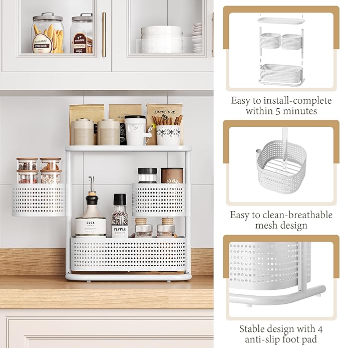 KINGRACK 3-Tier Rotating Bathroom Organizer, Countertop Vanity Tray, Spice Rack Storage, Easy to Assembly Space-Saving Organizer for Bathroom, Kitchen, Laundry Room, White