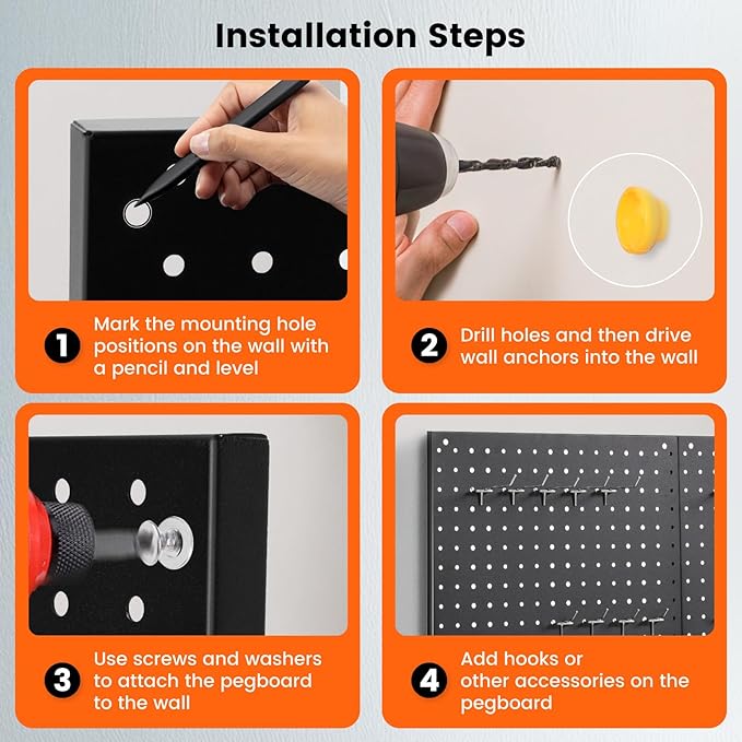 Pegboard, 3 PCS 24"×16" Metal Peg Board Panels Black Modular Wall Organizer Kit with 30 Hooks, Dual-Size Hole Design for Home Tool Storage, Garage Organization, Kitchen, Office, Craft Room