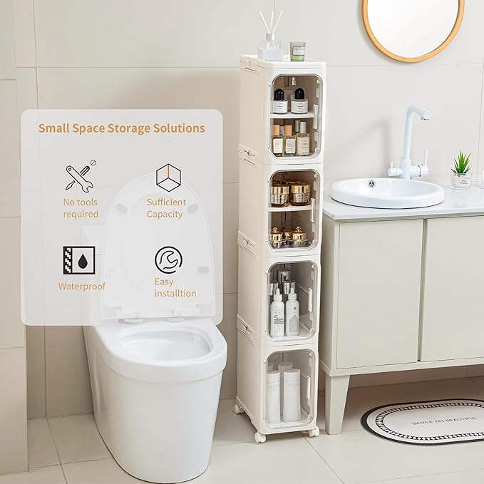3-Tier Slim Tall Narrow Bathroom Storage Cabinet with Adjustable Shelves and Movable Wheels, Magnetic Doors, Plastic Storage Cabinets and Organizers for Small Space, Cream White