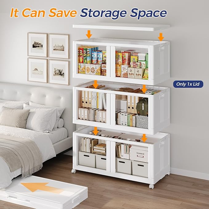 360Qt Stackable Storage Bins with Lid and Wheels, 90Gal Plastic Closet Organizer and Storage Drawer, Large Collapsible Storage Box Cabinet with Clear Door for Home Kitchen Office, 3Pack White