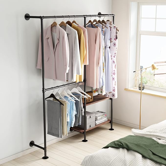 Industrial Pipe Clothes Racks with Black Shelves, Industrial Pipe Black Clothing Rack with Double Hanging Rods, Heavy Duty Wall Mounted Clothing Rack Rod for Closet Storage, Bedroom