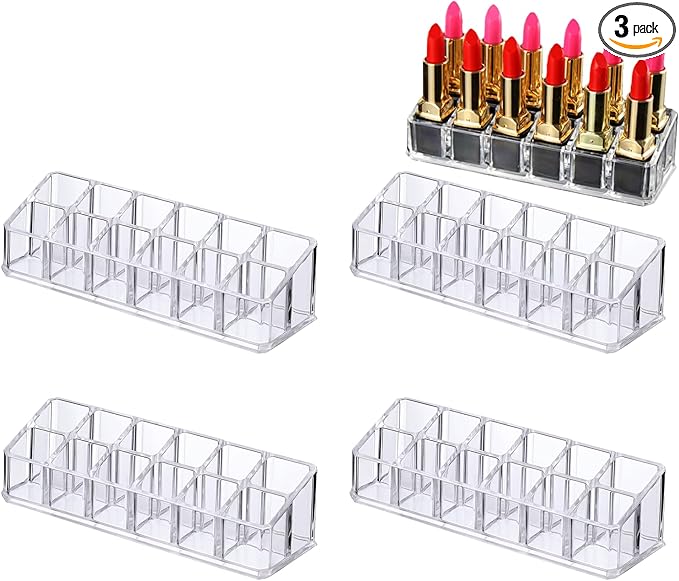 4 Pack Lipstick Organizer, 12 Slot Clear Acrylic Lipstick Holder, Makeup Organizer for Vanity, Drawer, Lip Gloss Storage Display