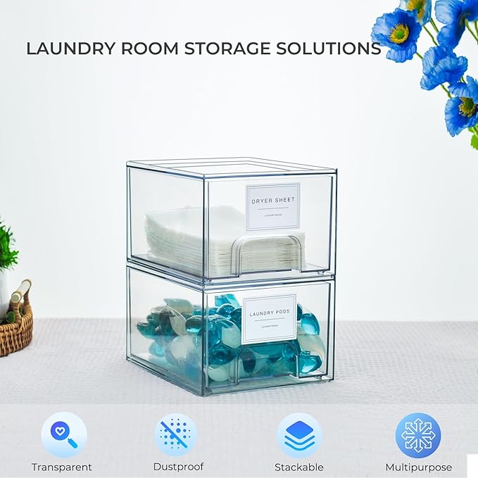 2 Pack Laundry Room Organization and Storage Containers with Labels, Stackable Clear Plastic Storage Drawers for Dryer Sheet Holder, Laundry Pods Container, Laundry Room Decor for Organizing
