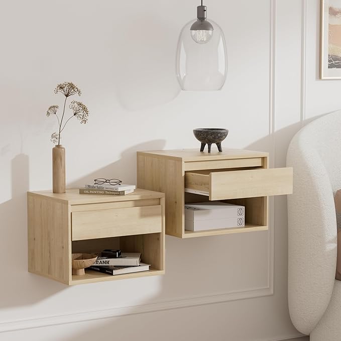 Floating Nightstand Set of 3, Wall Mounted Bedside Table with Storage Drawer and Open Shelf, Modern Night Stand withHandless Design for Living Room, Bedroom, Dorm, Light Oak