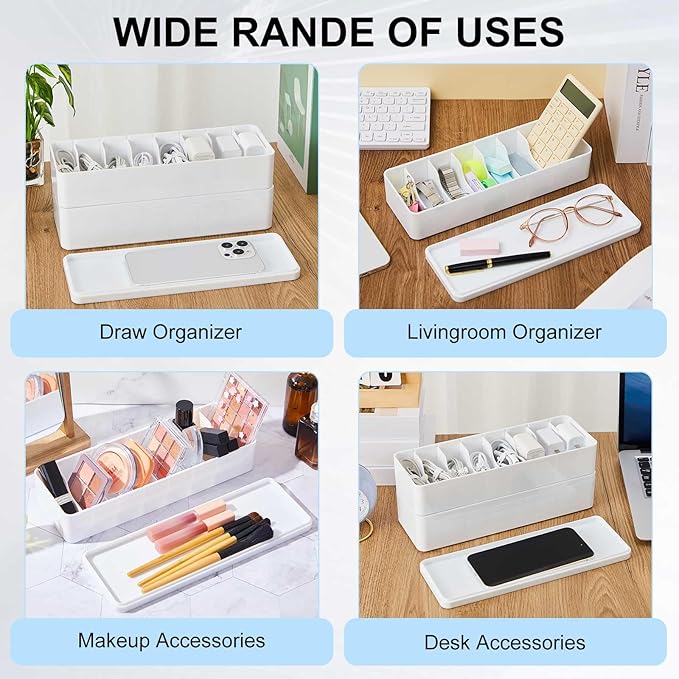 Tatuo 2 Pcs Cable Organizer Box with Wire Ties, Plastic Cord Storage Box with Lid, Electronics Organizer for Home Office Desk Organizers and Accessories (White)