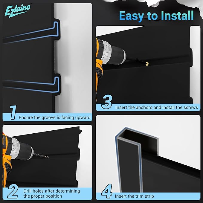 Ezlaino Slat Wall 4FT x 8FT, Versatile PVC Slatwall Paneling w/Long-Lasting Durability, Easy to Clean, Fits Most Slatwall Accessories, Ideal Organizer for Garage, Home & Store Storage, Black