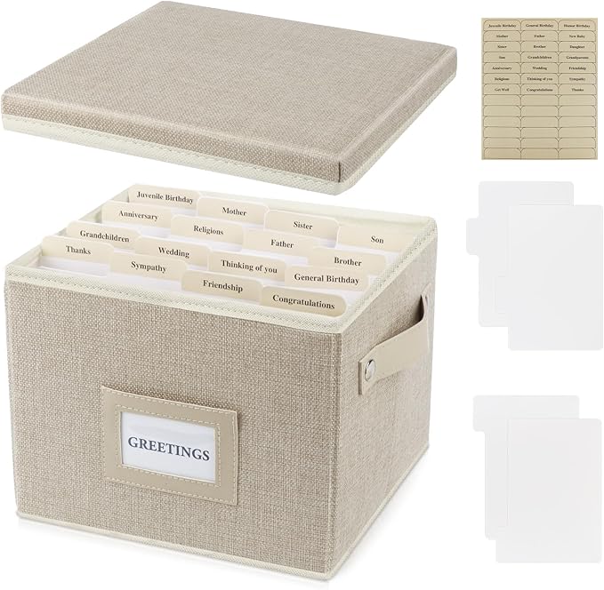 Greeting Card Organizer Box with 16 Dividers,Collapsible Greeting Card Storage Box with Handles Hold 150+ Cards,Greeting Card Holder for Greeting Cards,Sticker, Recipes, Photo, Envelope (Beige, 1 pcs)