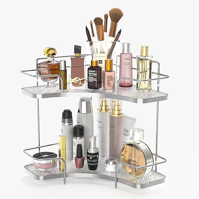 FOLLOWIN 2 Tier Bathroom Countertop Corner Organizer,Countertop Perfume Tray,Vanity Counter Shelf,Skincare Makeup Cosmetic Vanity Organizers,Silver