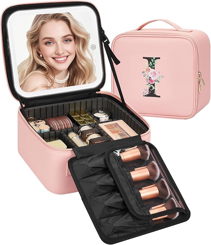 Relavel Initial Makeup Bag with LED Mirror for Women Girls, Personalized Travel Cosmetic Organizer Train Case, Birthday Gifts for Grandkids Bridesmaid Graduation Teacher Friends, Trendy Stuff, Pink I